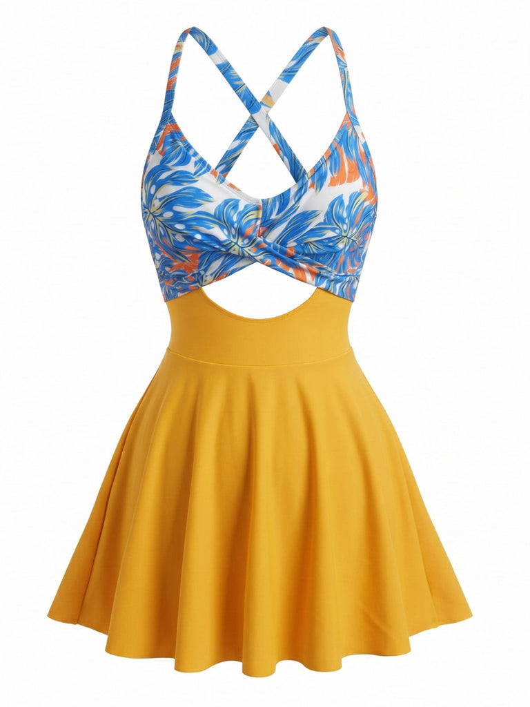 Red 1950s Color Block Skirted One Piece Swimsuit, vintage skirt, retro style - perfect for women who love vintage and retro fashion