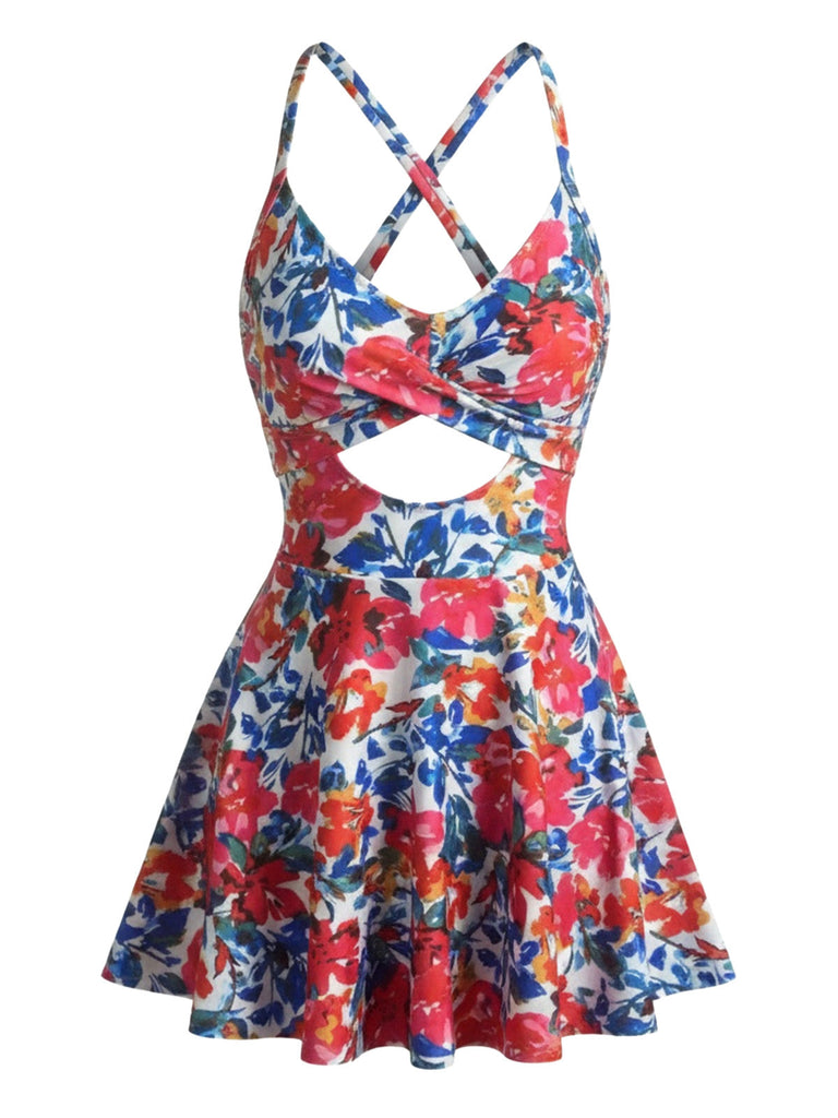 Red 1950s Color Block Skirted One Piece Swimsuit, vintage skirt, retro style - perfect for women who love vintage and retro fashion