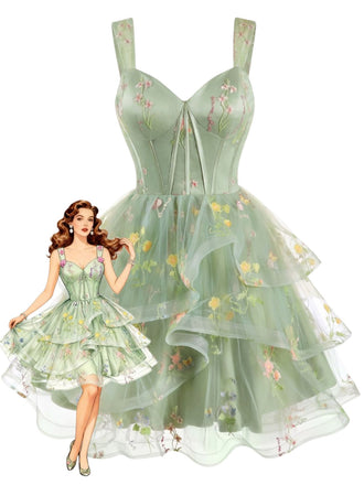 Blue 1930s Floral Mesh Classic Dress 4