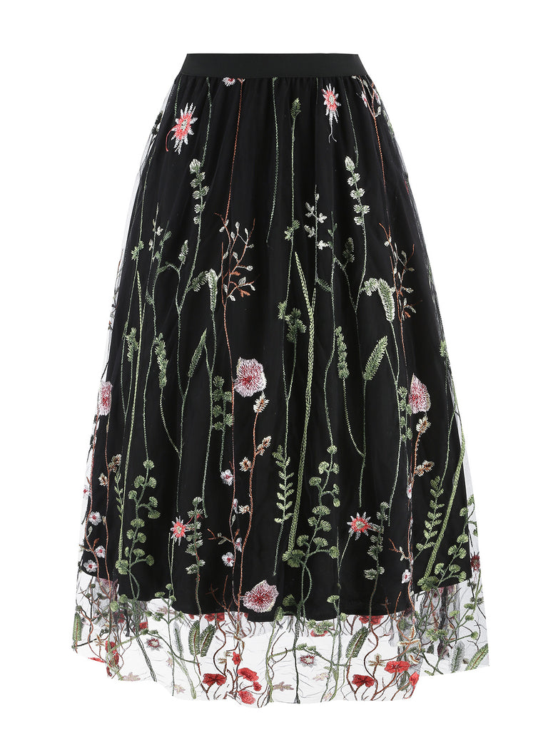 1950s Floral Embroidered Mesh Skirt: timeless style reimagined