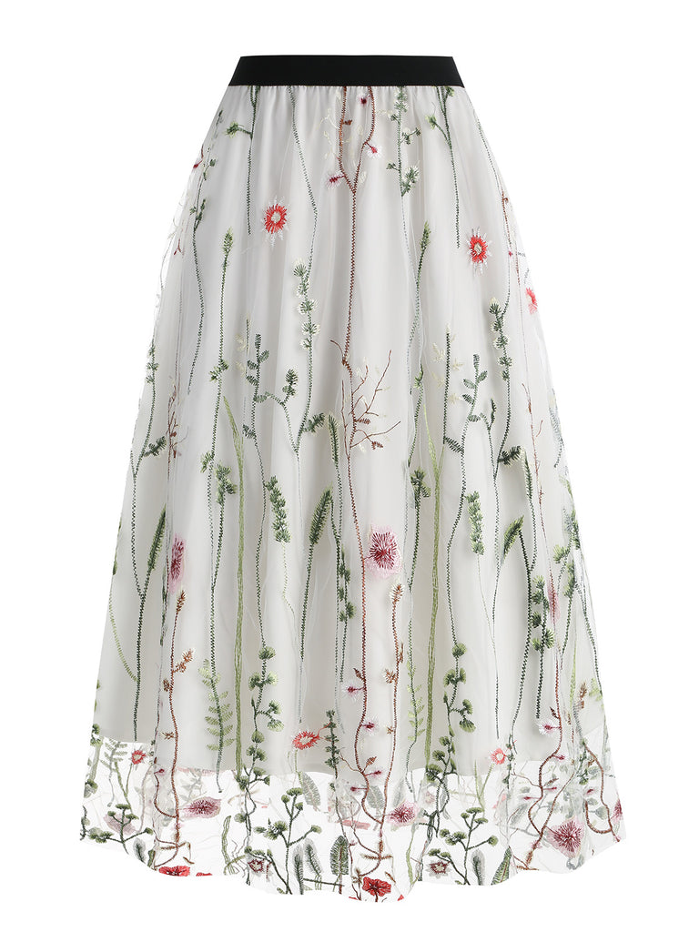 1950s Floral Embroidered Mesh Skirt: timeless style reimagined
