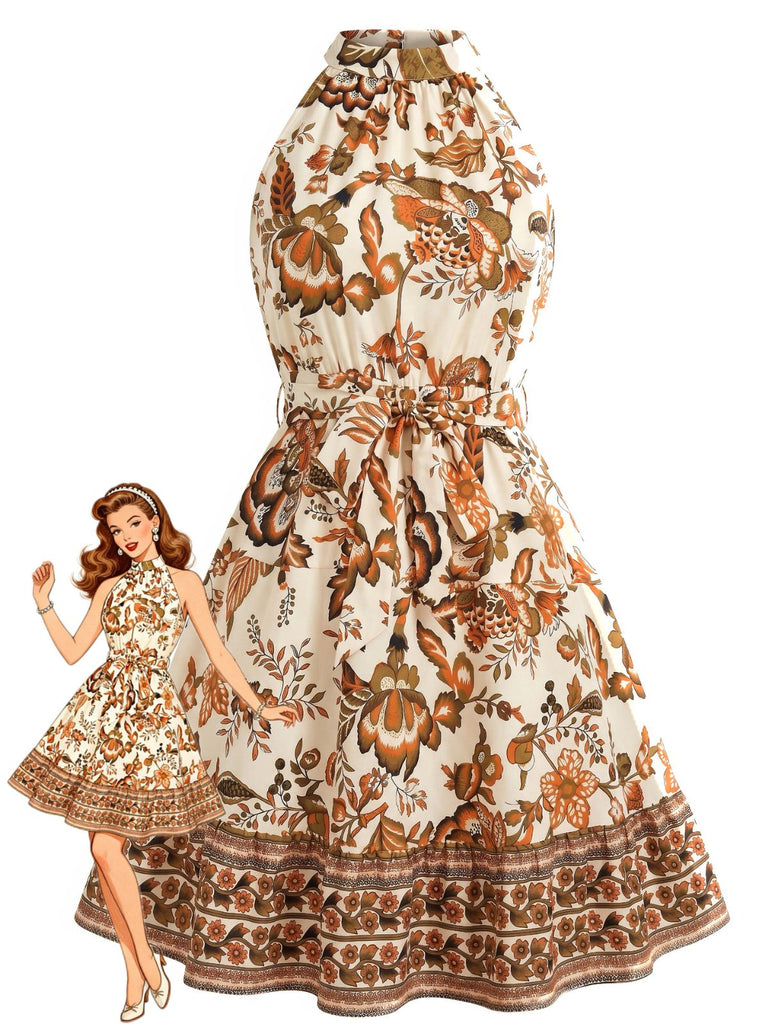 1950s Floral Halter Belted Dress 5