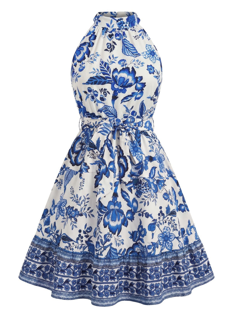1950s Floral Halter Belted Dress