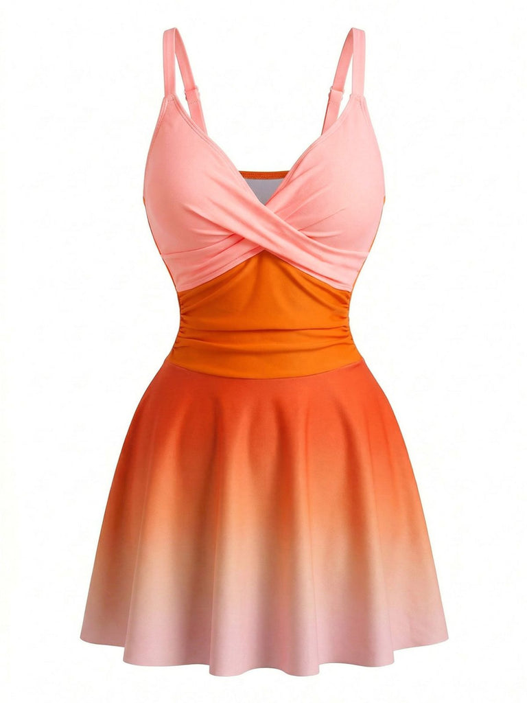 1940s Mirrored Ombre Front Twist One-Piece Swim Dress - vintage dress, retro fashion for vintage lovers