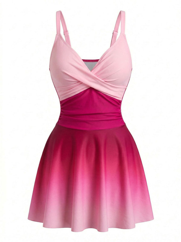 1940s Mirrored Ombre Front Twist One-Piece Swim Dress, vintage dress, retro fashion, women, elegant