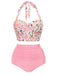 Front view v4: Pink 1950s Floral Halter Lace-up Bikini Set, vintage swimwear with pink floral print