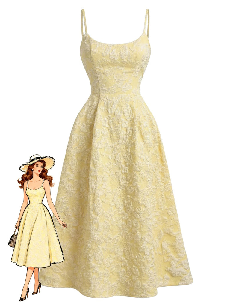 Yellow 1950s Floral Jacquard Textured Spaghetti Strap Midi Dress - vintage dress, retro fashion, rockabilly