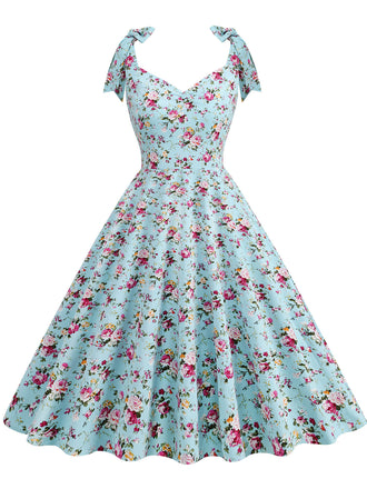 1950s Floral Lace-Up Shoulder V-Neck Swing Dress: timeless style reimagined