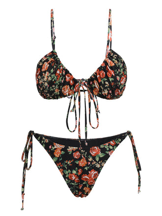 1950s Floral Lace-Up Spaghetti Strap Bikini Set, vintage swimsuit, pin-up swimwear - perfect for women who love vintage and retro fashion