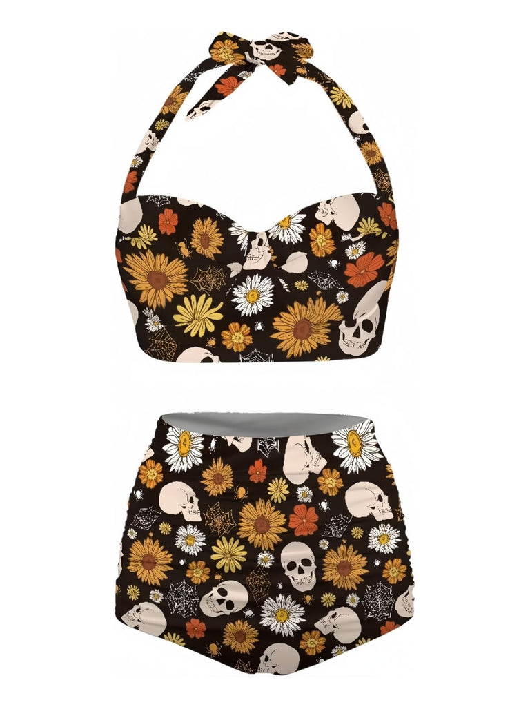 1950s Floral Print Lace-Up Halter Swimsuit | vintage swimwear, retro swimsuit, pin-up style - perfect for retro fashion enthusiasts