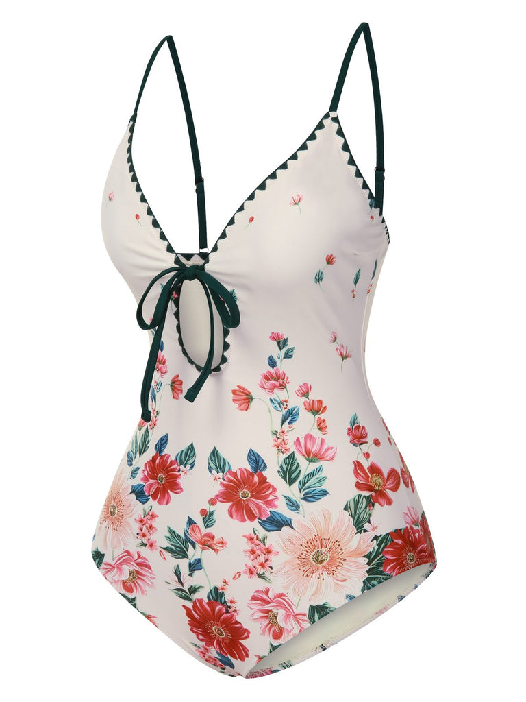1950s Floral Print Spaghetti Strap One-Piece Swimsuit: 1950s Riviera elegance, reimagined for her