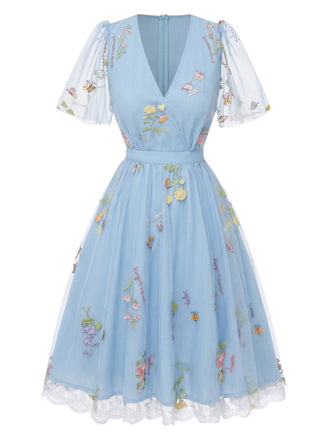 Green 1950s Floral Puff Sleeve Mesh Embroidered Dress, vintage dress, retro fashion, rockabilly, pin-up fashion - perfect for women who love vintage and retro fashion