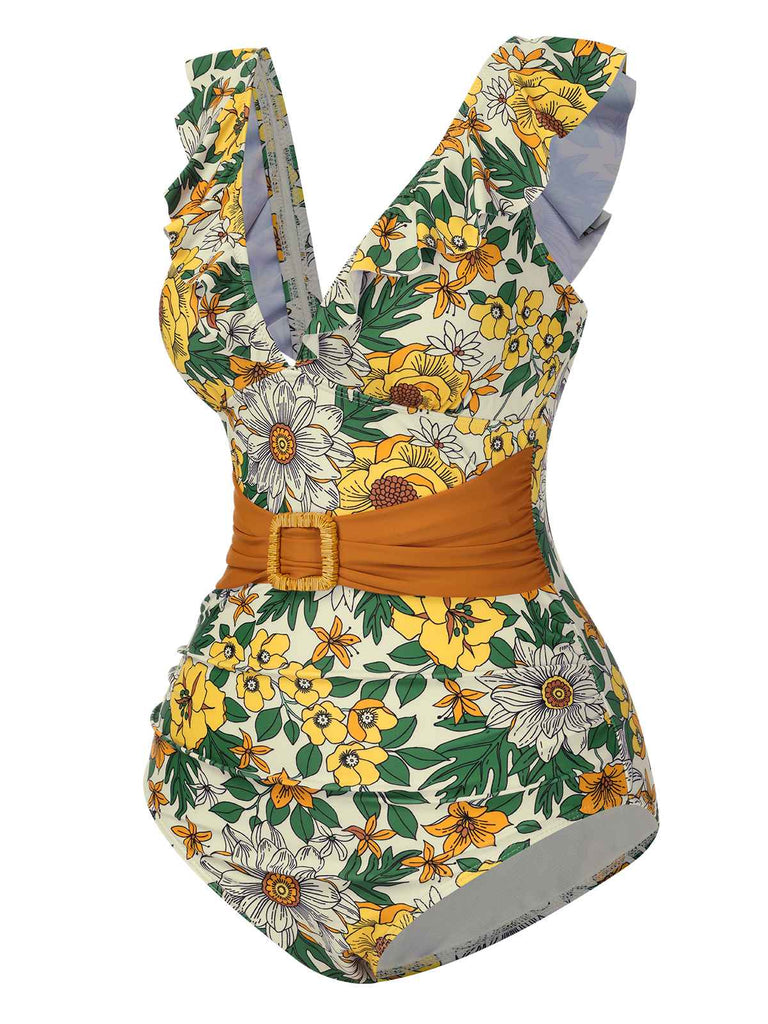 1950s Floral Ring Belted Ruffles | 1950s | vintage swimsuit, retro beachwear