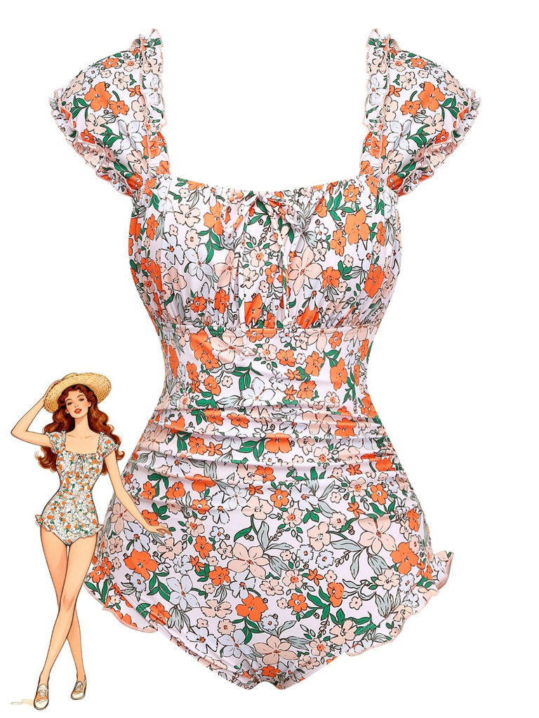 1950s Floral Ruffled Cap Sleeve One-Piece Swimsuit - vintage swimsuit, pin-up swimwear for vintage lovers
