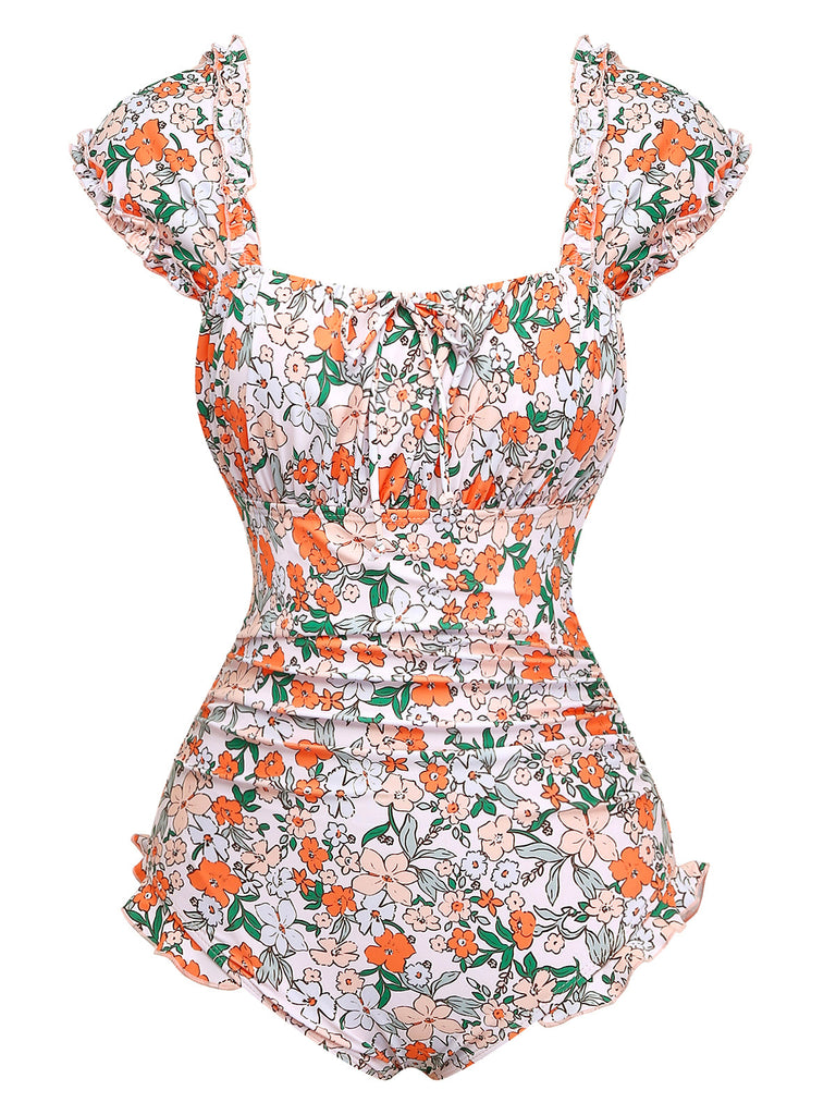 1950s Floral Ruffled Cap Sleeve One-Piece Swimsuit - vintage swimsuit, pin-up swimwear for vintage lovers
