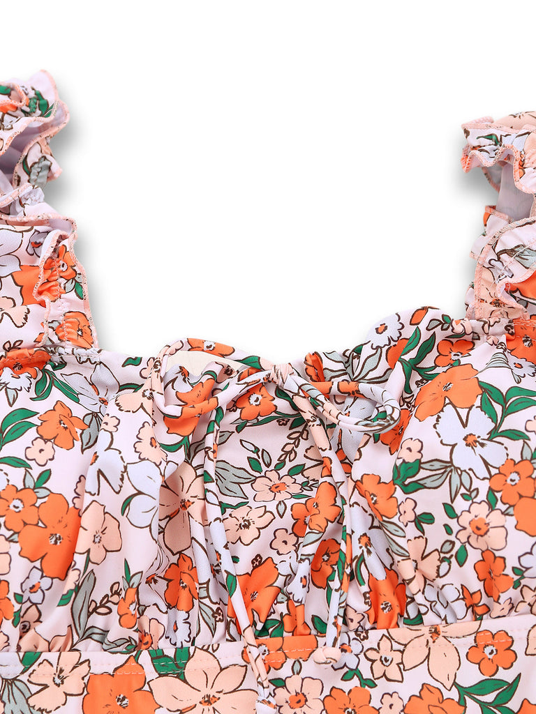 1950s Floral Ruffled Cap Sleeve One-Piece Swimsuit - vintage swimsuit, pin-up swimwear for vintage lovers