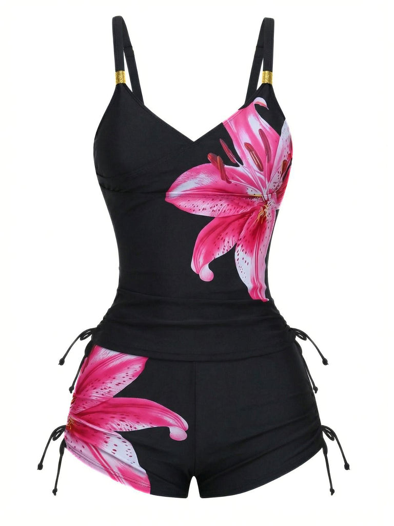 1950s Floral Solid Lace-Up Tankini Set - vintage fashion, retro style