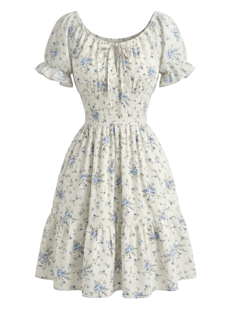 1950s Floral Square Neck Ruffle Dress
