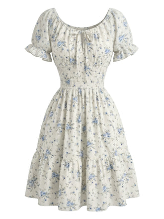 1950s Floral Square Neck Ruffle Dress