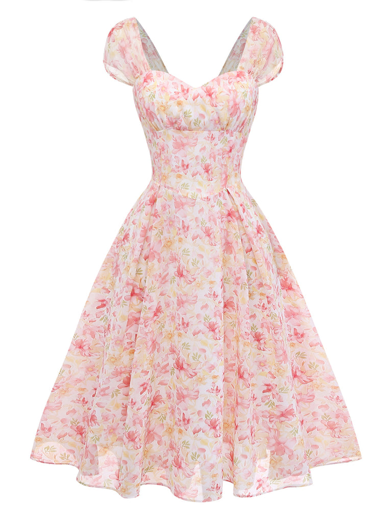 Pink 1950s Floral Chiffon Bow Dress 2
