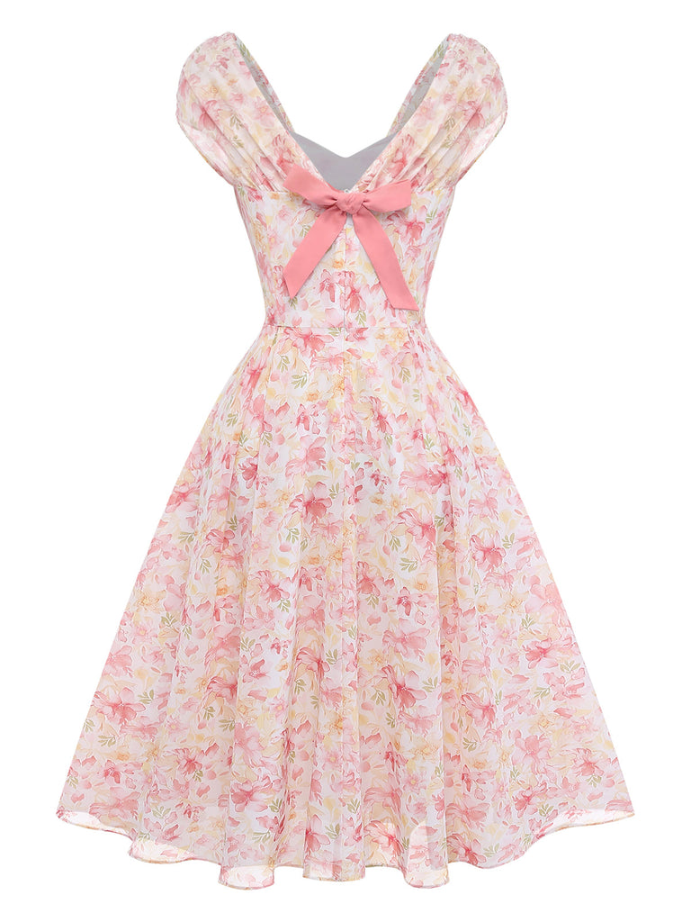 Pink 1950s Floral Chiffon Bow Dress 3