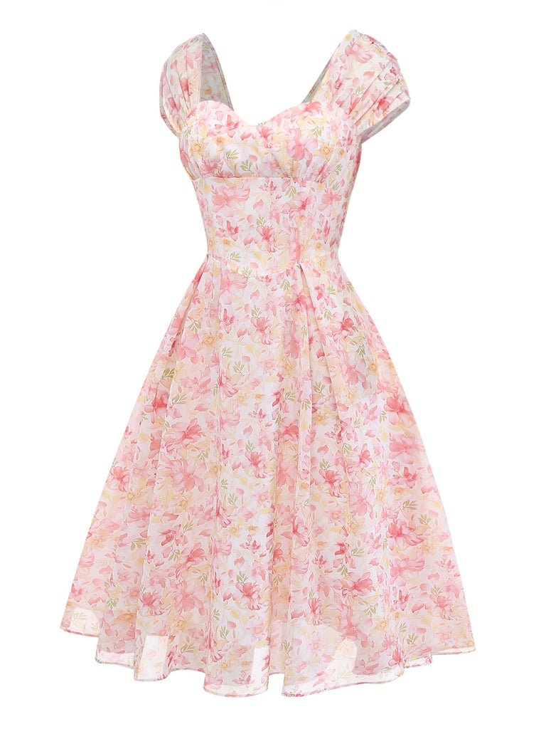 Pink 1950s Floral Chiffon Bow Dress 4