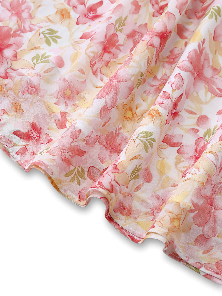 Pink 1950s Floral Chiffon Bow Dress 6