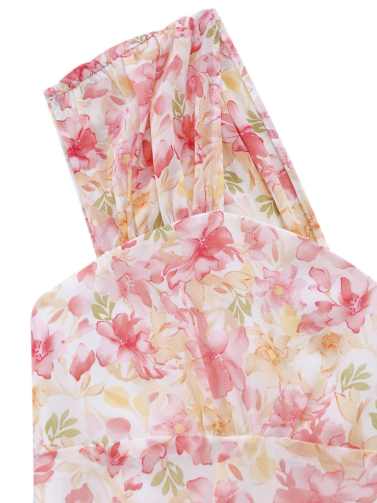 Pink 1950s Floral Chiffon Bow Dress 7