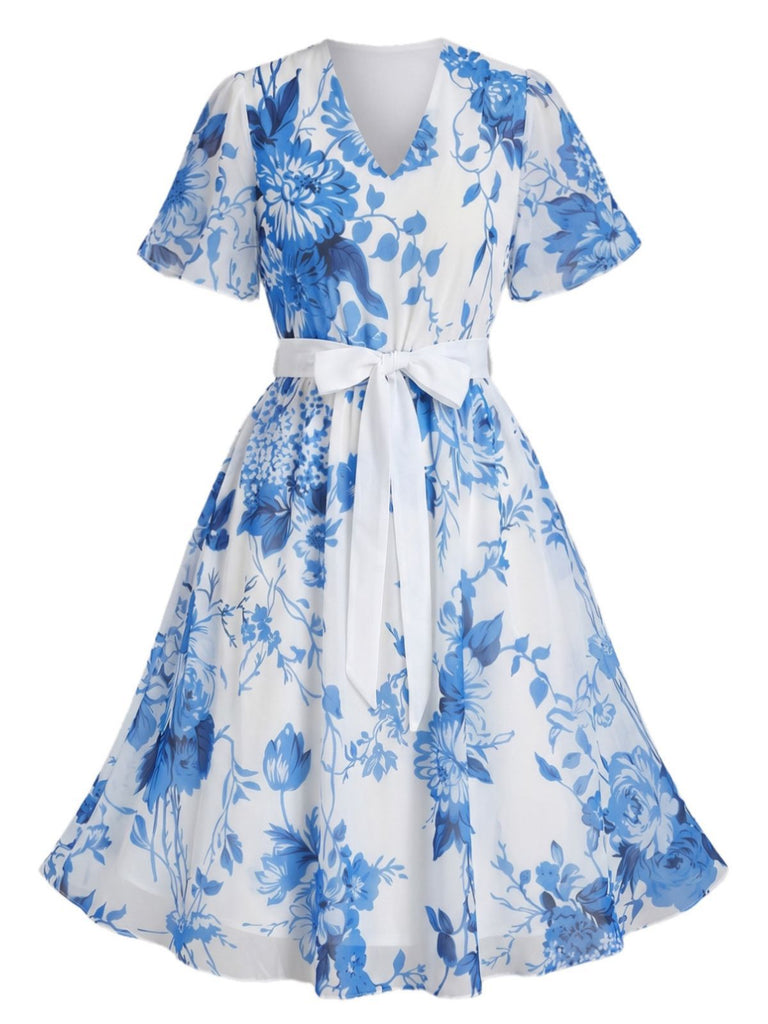 [Plus Size] 1950s Floral V-Neck A-Line Chiffon Dress, vintage dress, retro fashion, rockabilly, pin-up fashion - perfect for women who love vintage and retro fashion