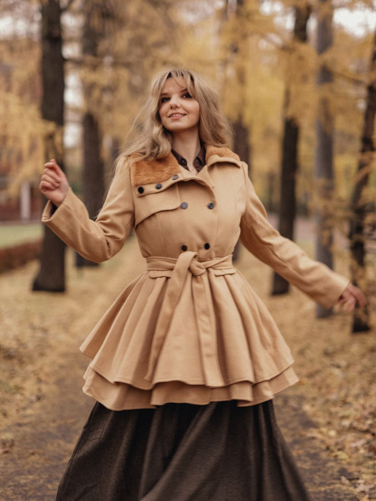She throws on this 1950s Fur Collar Waisted Winter Coat and the city feels like 1950s Paris