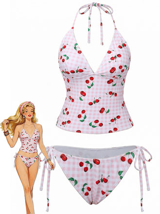 1950s Gingham Cherry Print Halter Tankini Set - vintage fashion, retro style