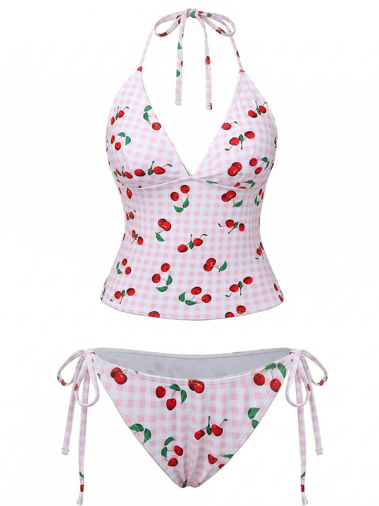 1950s Gingham Cherry Print Halter Tankini Set - vintage fashion, retro style