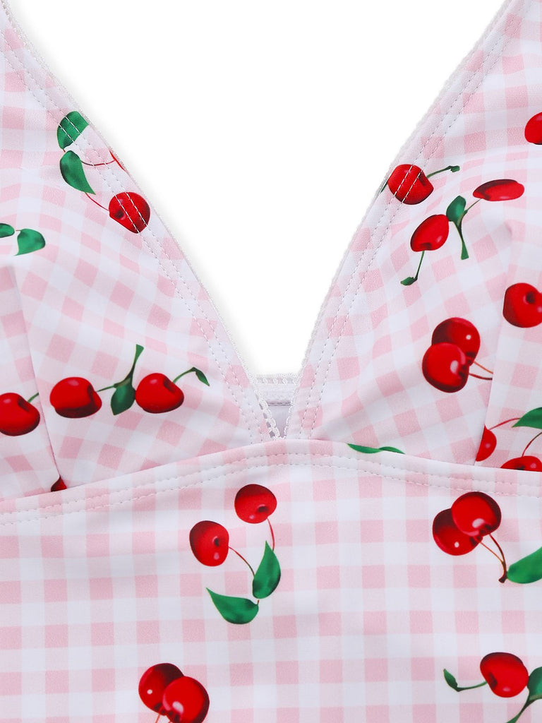 1950s Gingham Cherry Print Halter Tankini Set - vintage fashion, retro style