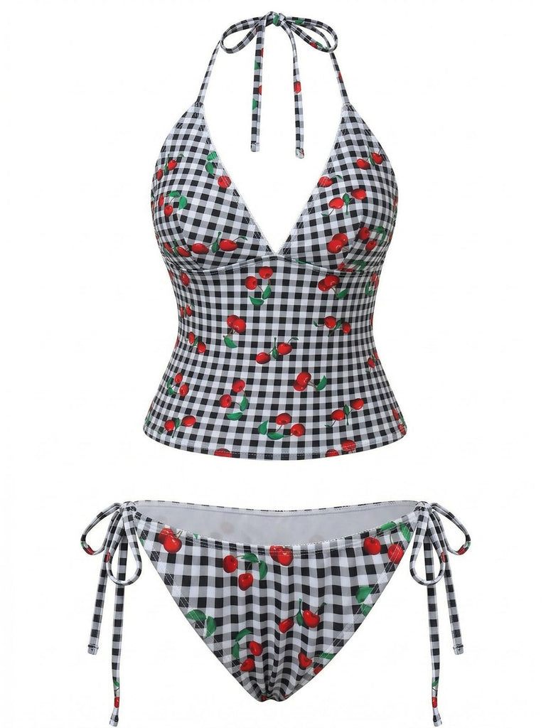 1950s Gingham Cherry Print Halter Tankini Set - vintage fashion, retro style