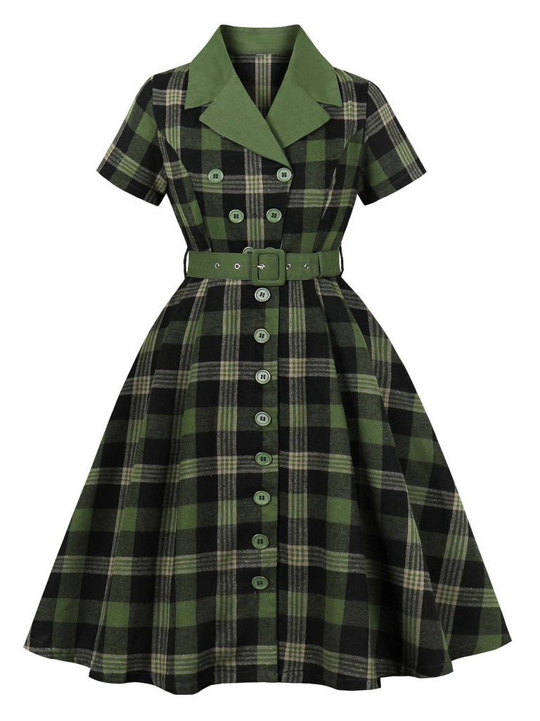 1950s Gingham Plaid Button Lapel Belted Dress - vintage dress, retro fashion, rockabilly