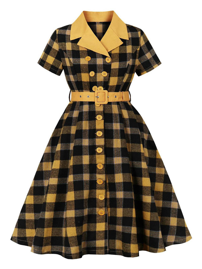 1950s Gingham Plaid Button Lapel Belted Dress - vintage dress, retro fashion, rockabilly