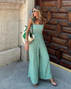 1950s Gingham Plaid Smocked Strap Jumpsuit - vintage jumpsuit, retro fashion