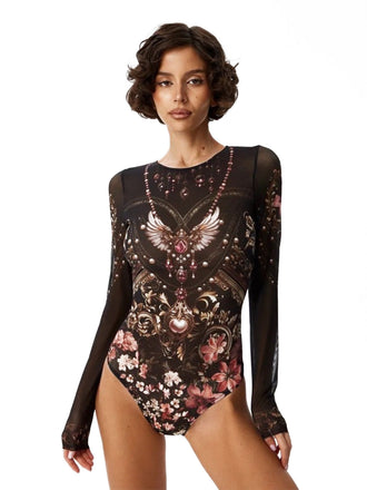1950s Gothic Jewel Print Mesh Long Sleeve One Piece Swimsuit, vintage swimsuit, pin-up swimwear - perfect for women who love vintage and retro fashion