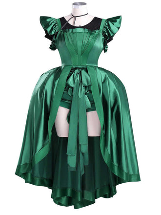 Green 1950s Wednesday Addams Inspired Satin Costume Set - vintage fashion, retro style, elegant red