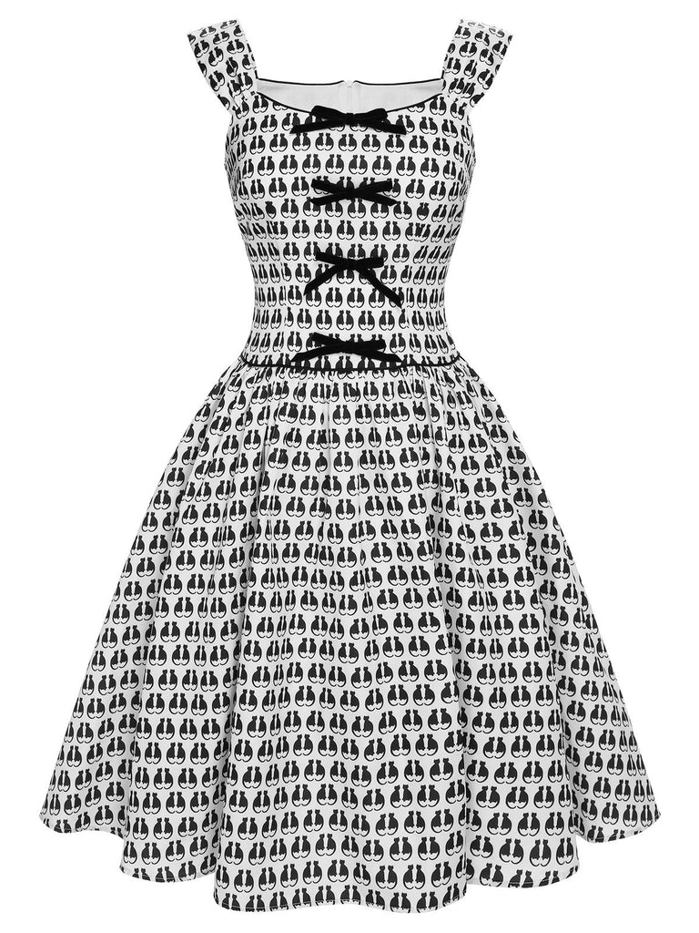 1950s Halloween Cat Print Velvet Bow Dress, vintage dress, retro fashion, rockabilly, pin-up fashion - perfect for women who love vintage and retro fashion