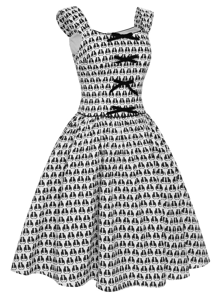 1950s Halloween Cat Print Velvet Bow Dress, vintage dress, retro fashion, rockabilly, pin-up fashion - perfect for women who love vintage and retro fashion