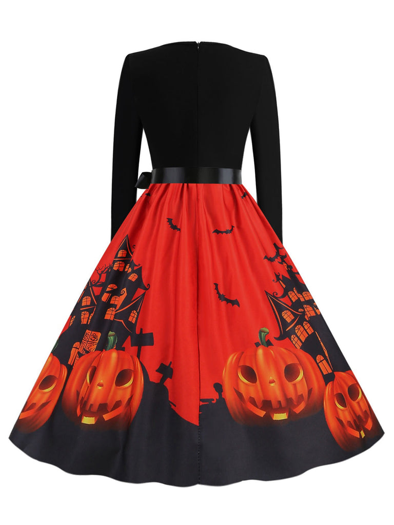 She slips into this 1950s Halloween Patchwork Long Sleeves Dress and suddenly it's a 1950s daydream