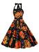 1950s Halloween Pumpkin Face Halter Dress — a 1950s silhouette that turns sidewalks into runways