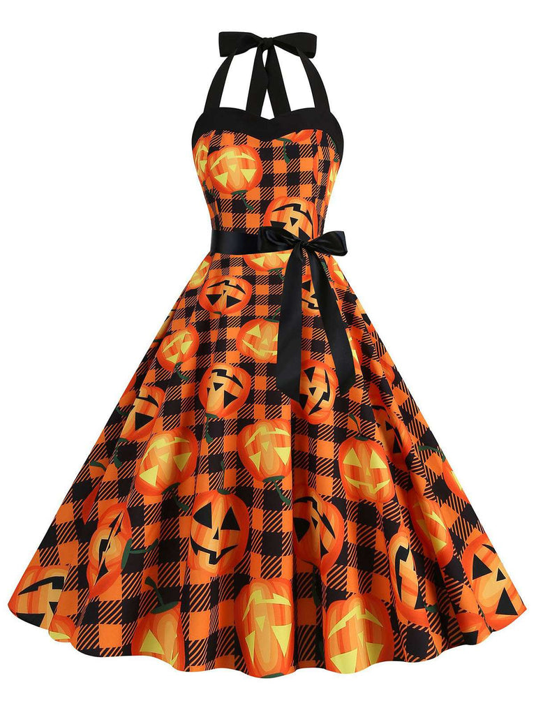 1950s Halloween Pumpkin Face Halter Dress: where 1950s romance meets her modern spirit