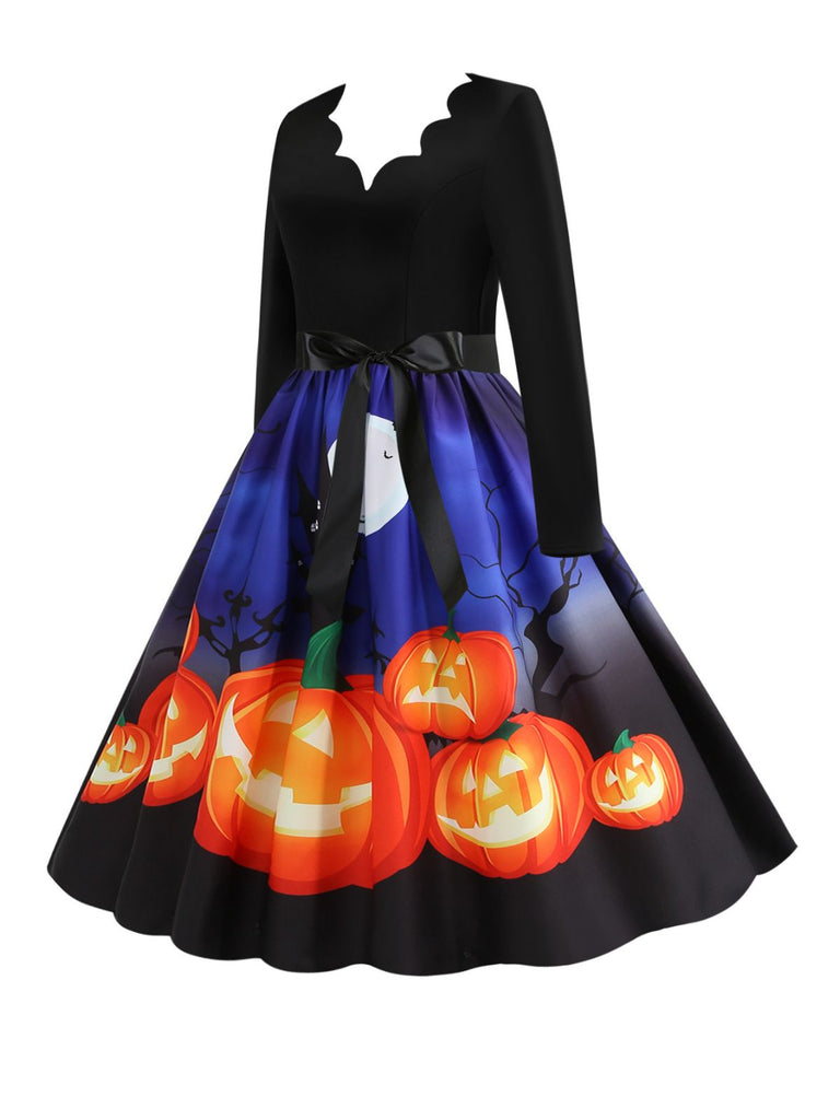 1950s Halloween Pumpkin Night V-Neck Dress — vintage elegance for the modern woman