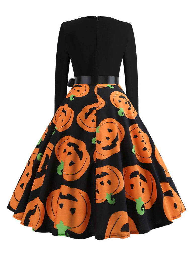 1950s Halloween Pumpkin Spiderweb Petal Neck Dress - vintage dress, retro fashion, rockabilly