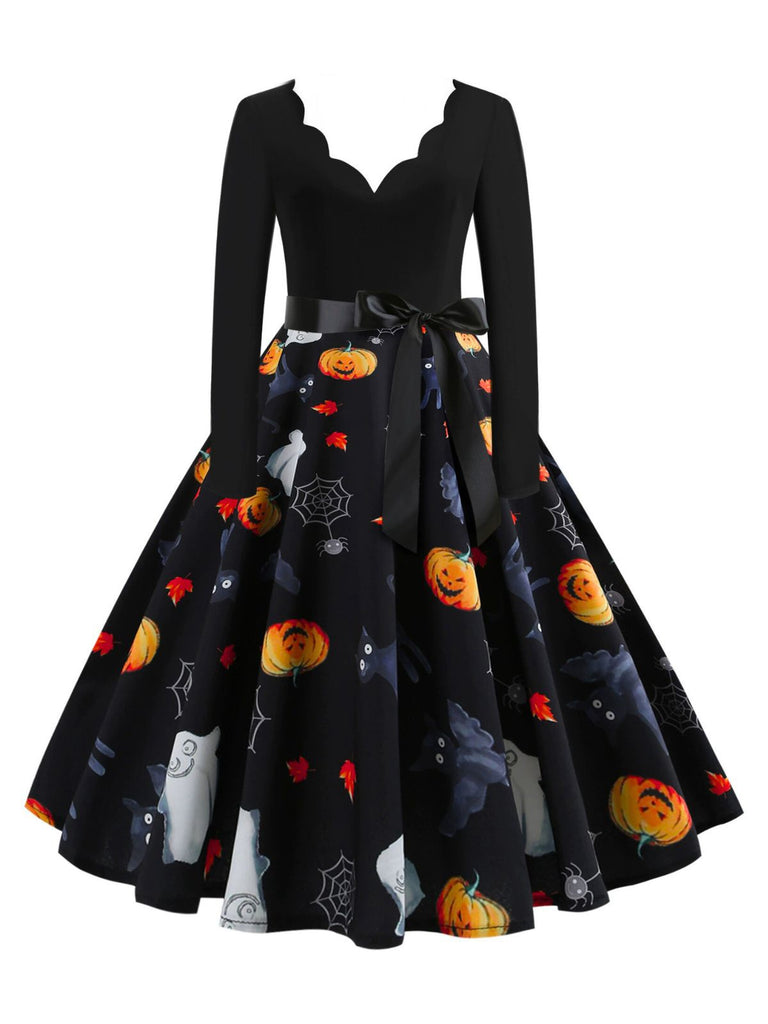 1950s Halloween Pumpkin Spiderweb Petal Neck Dress - vintage dress, retro fashion, rockabilly