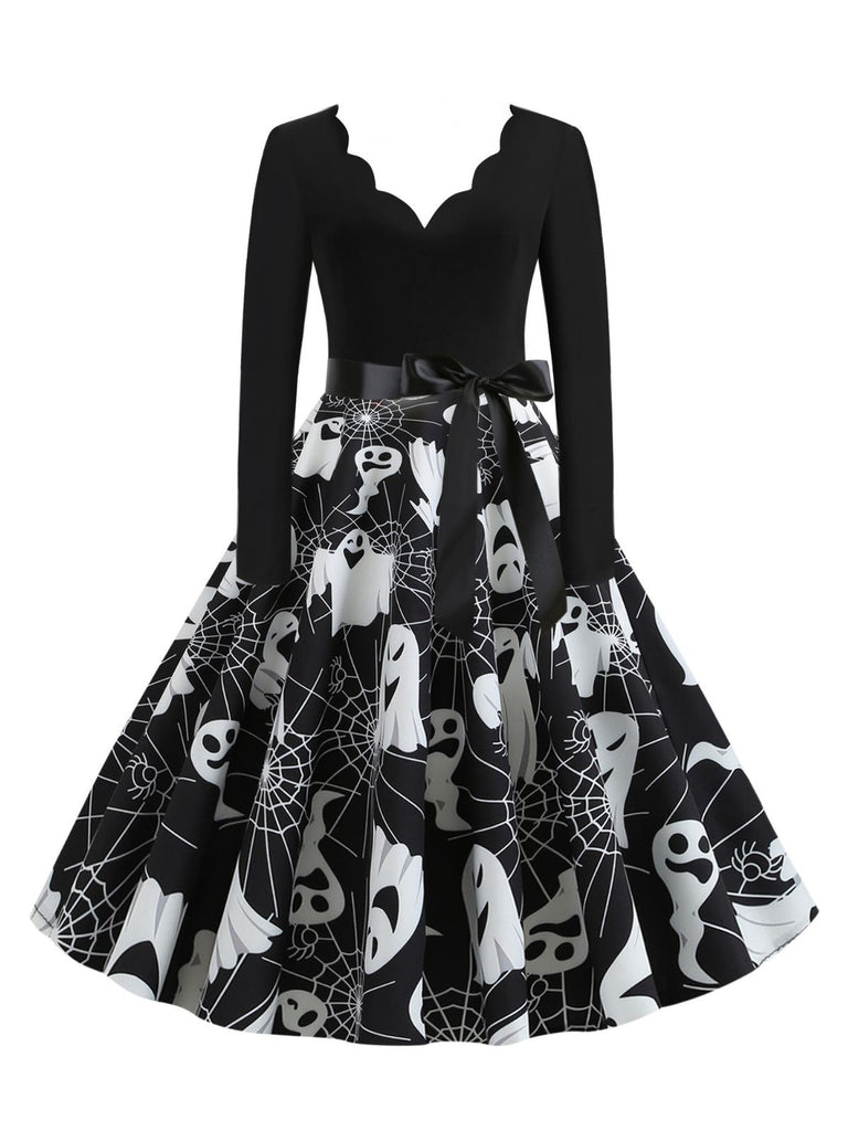 1950s Halloween Pumpkin Spiderweb Petal Neck Dress - vintage dress, retro fashion, rockabilly