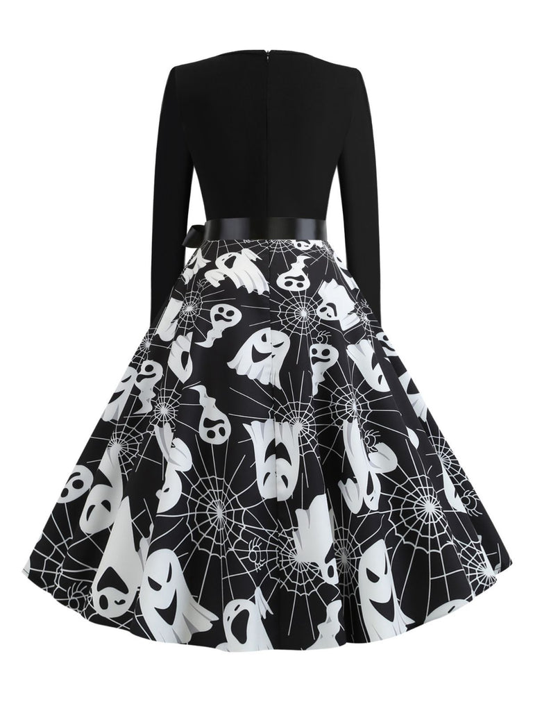 1950s Halloween Pumpkin Spiderweb Petal Neck Dress - vintage dress, retro fashion, rockabilly