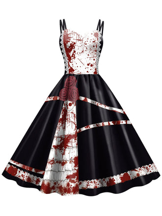 She slips into this 1950s Halloween Roses Blood Double Straps Dress and suddenly it's a 1950s daydream